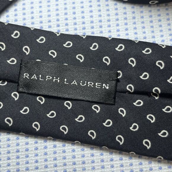 Ralph Lauren Polo Tie Black With Cream Paisleys Hand Made In Italy EUC - Picture 10 of 11